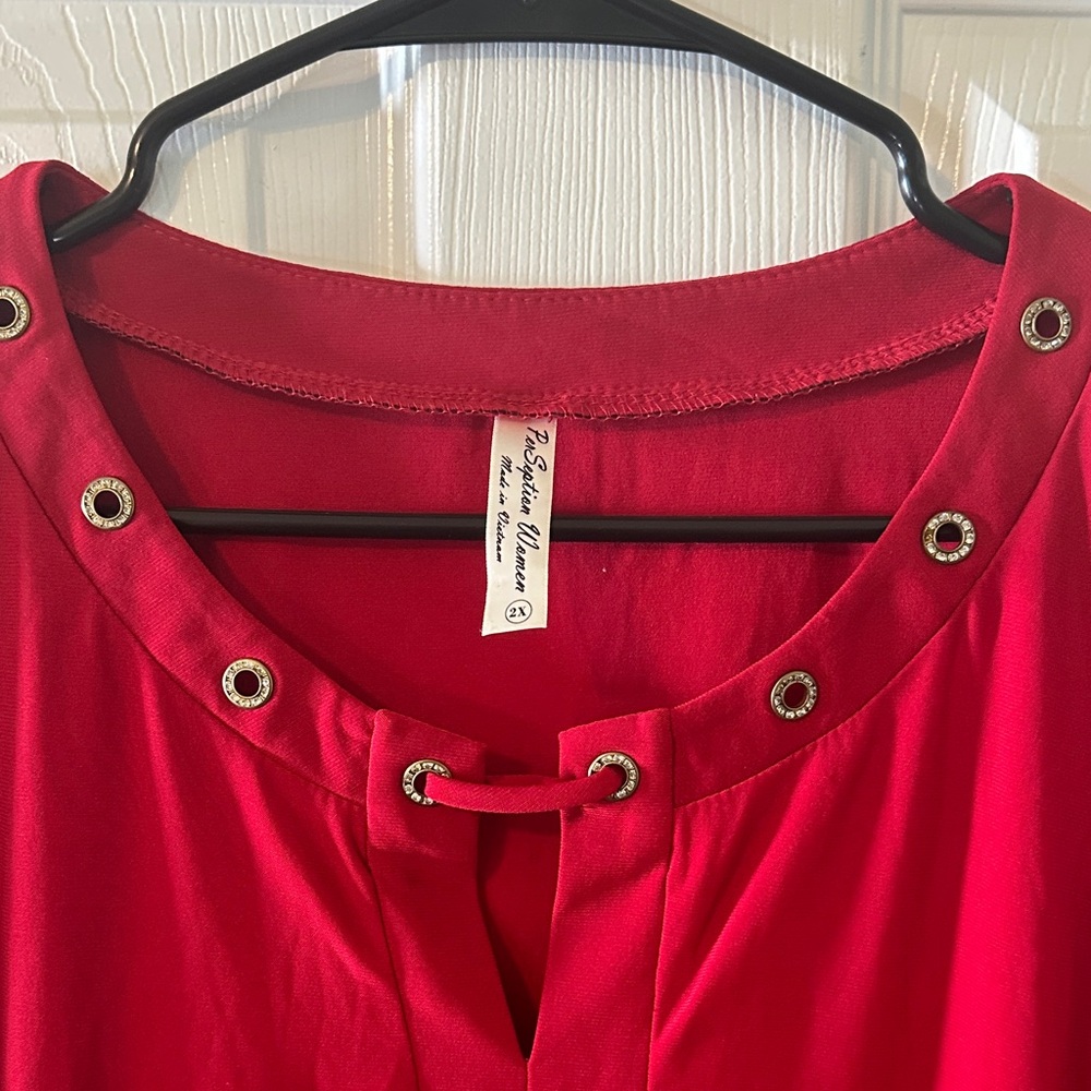 Perseption Red Eyelet Lace-Up Long Sleeve Blouse - Picture 3 of 7